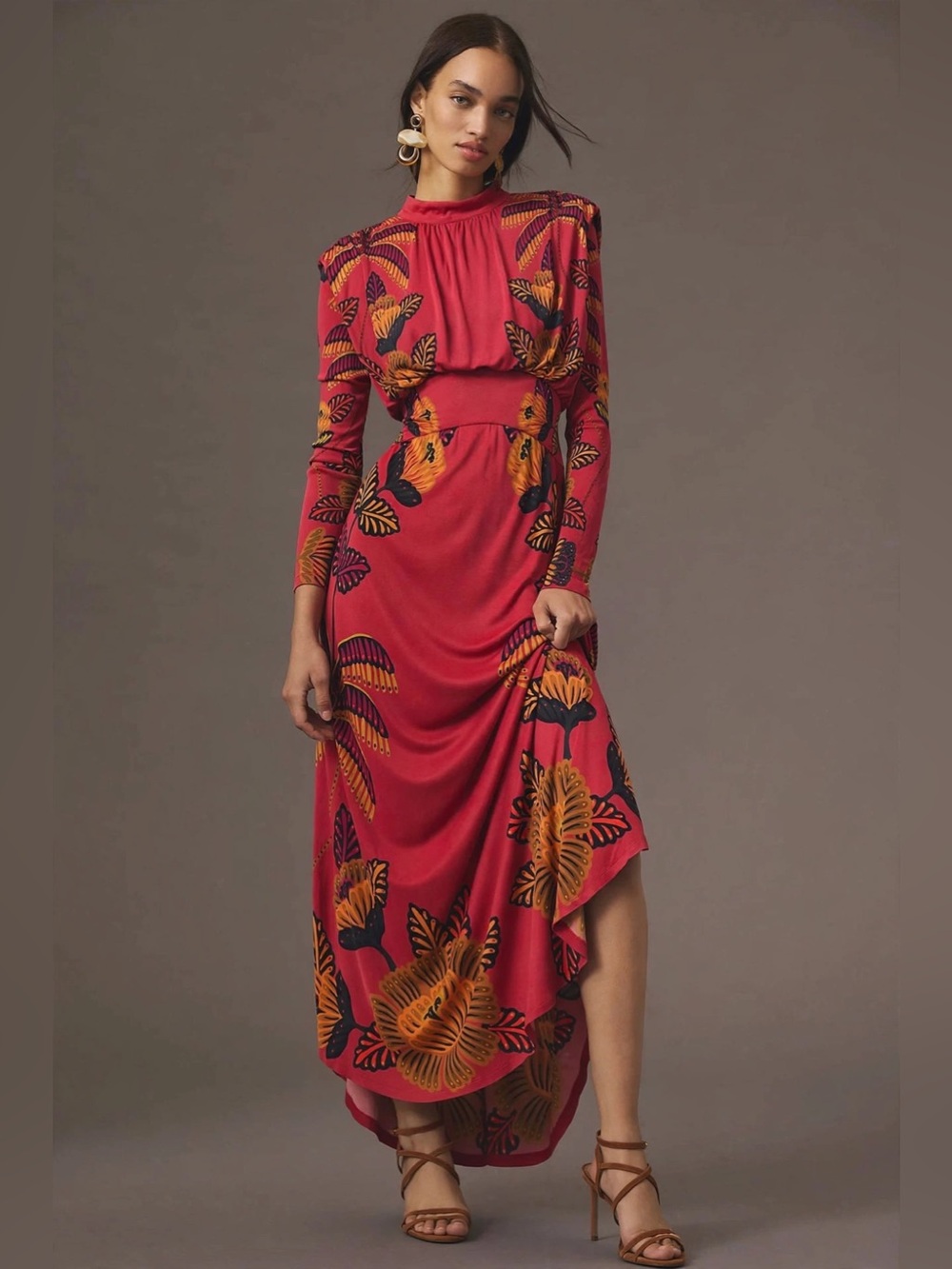 Elegant Red Floral Long-Sleeve Maxi Dress - Picture 2 of 12